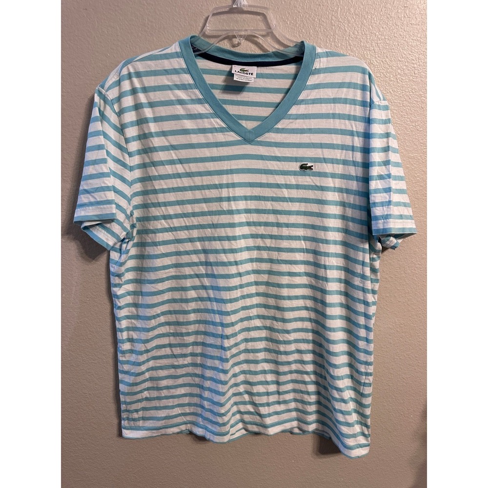 Lacoste‎ V Neck Striped T-Shirt Mens Size 7 Green Blue White Casual Top
